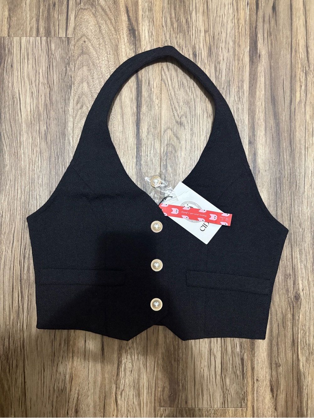 Cider Black Halter Crop Top with Gold Buttons